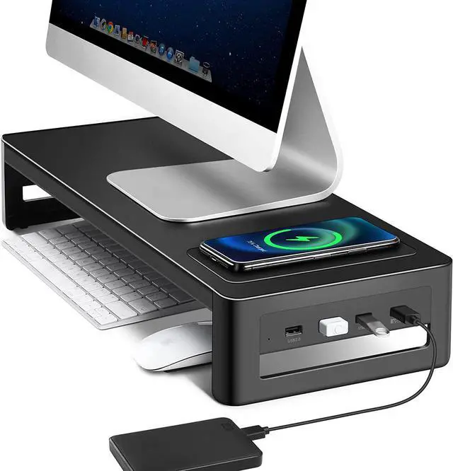 Main image of BONAEVER Monitor Stand Riser with Wireless Charger USB 3.0 Hub Support Data Transfer Extra Storage Standeel Desk Organizer for Laptop Computer Up to 27 inches 66 Pounds