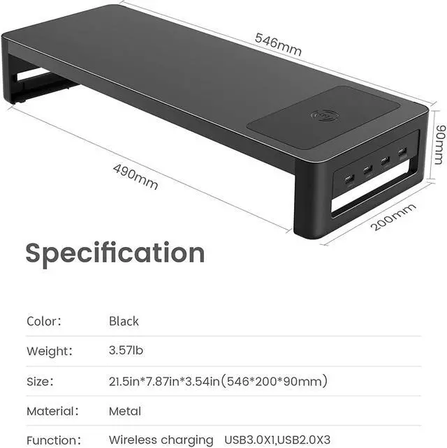 Alt view image 7 of 7 - BONAEVER Monitor Stand Riser with Wireless Charger USB 3.0 Hub Support Data Transfer Extra Storage Standeel Desk Organizer for Laptop Computer Up to 27 inches 66 Pounds