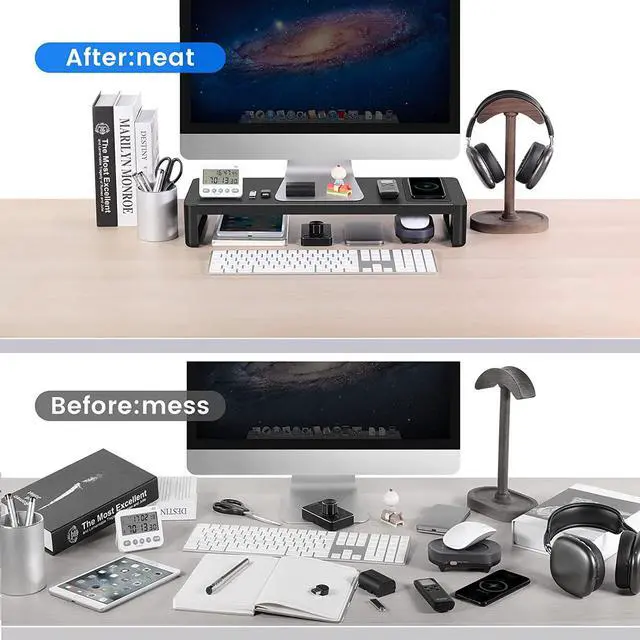 Alt view image 4 of 7 - BONAEVER Monitor Stand Riser with Wireless Charger USB 3.0 Hub Support Data Transfer Extra Storage Standeel Desk Organizer for Laptop Computer Up to 27 inches 66 Pounds