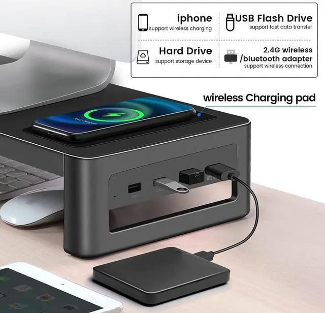 Alt view image 2 of 7 - BONAEVER Monitor Stand Riser with Wireless Charger USB 3.0 Hub Support Data Transfer Extra Storage Standeel Desk Organizer for Laptop Computer Up to 27 inches 66 Pounds