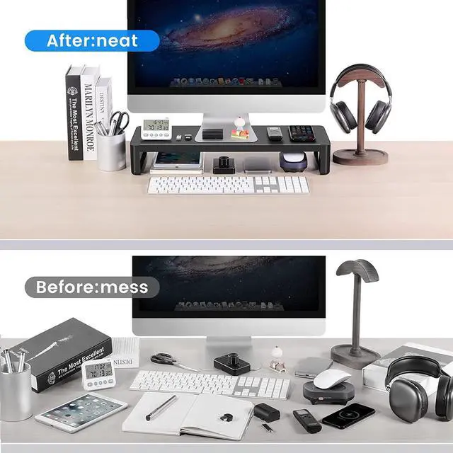 Alt view image 3 of 7 - BONAEVER Monitor Stand Riser Metal Computer Stand with USB 3.0 Hub Support Data Transfer Charging Monitor Shelf Printer Stand Desk Organizer for TV / Laptop / Computer / Up to 27 inches 66 pounds