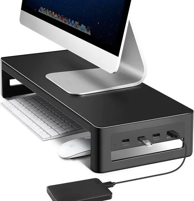 Main image of BONAEVER Monitor Stand Riser Metal Computer Stand with USB 3.0 Hub Support Data Transfer Charging Monitor Shelf Printer Stand Desk Organizer for TV / Laptop / Computer / Up to 27 inches 66 pounds