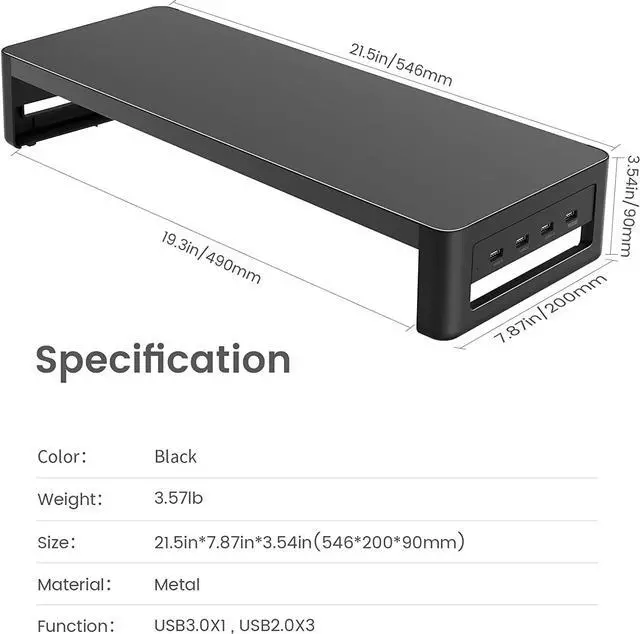 Alt view image 6 of 7 - BONAEVER Monitor Stand Riser Metal Computer Stand with USB 3.0 Hub Support Data Transfer Charging Monitor Shelf Printer Stand Desk Organizer for TV / Laptop / Computer / Up to 27 inches 66 pounds