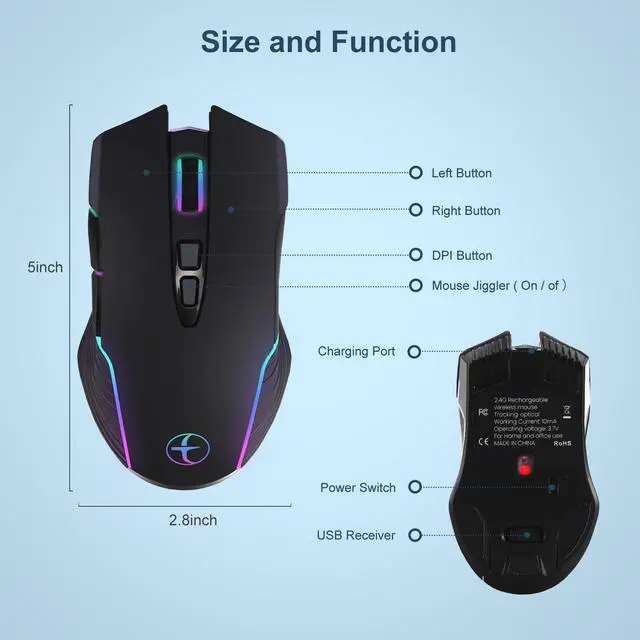 Alt view image 5 of 7 - BONAEVER Wireless Mouse LED Rechargeable USB Type-C Mouse for Macbook Laptop Computer Silent Click Jiggler Mouse 2.4G USB