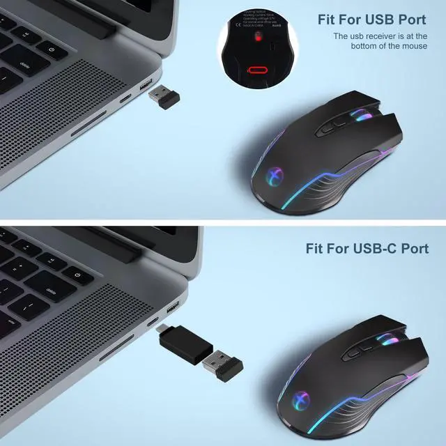 Alt view image 3 of 7 - BONAEVER Wireless Mouse LED Rechargeable USB Type-C Mouse for Macbook Laptop Computer Silent Click Jiggler Mouse 2.4G USB