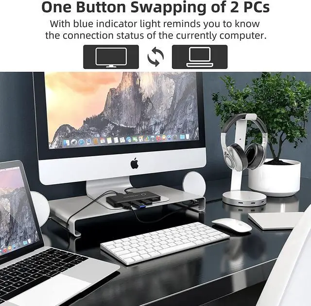 Alt view image 3 of 6 - BONAEVER USB 3.0 Switch Selector KVM Switcher for 2 PC Sharing 4 USB Devices Mouse Keyboard Scanner Printer Computer with One Button Swapping 2 USB Cable