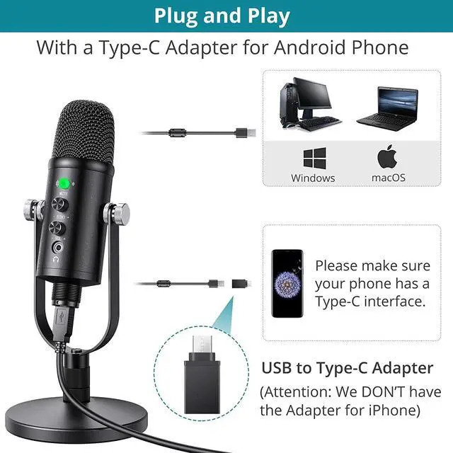 Alt view image 4 of 7 - BONAEVER USB Microphone Cardioid USB Microphone Condenser Microphone PC Gaming Computer Microphone with Round Support for Streaming Podcasting Vocal Recording Compatible with Windows Desktop Laptop