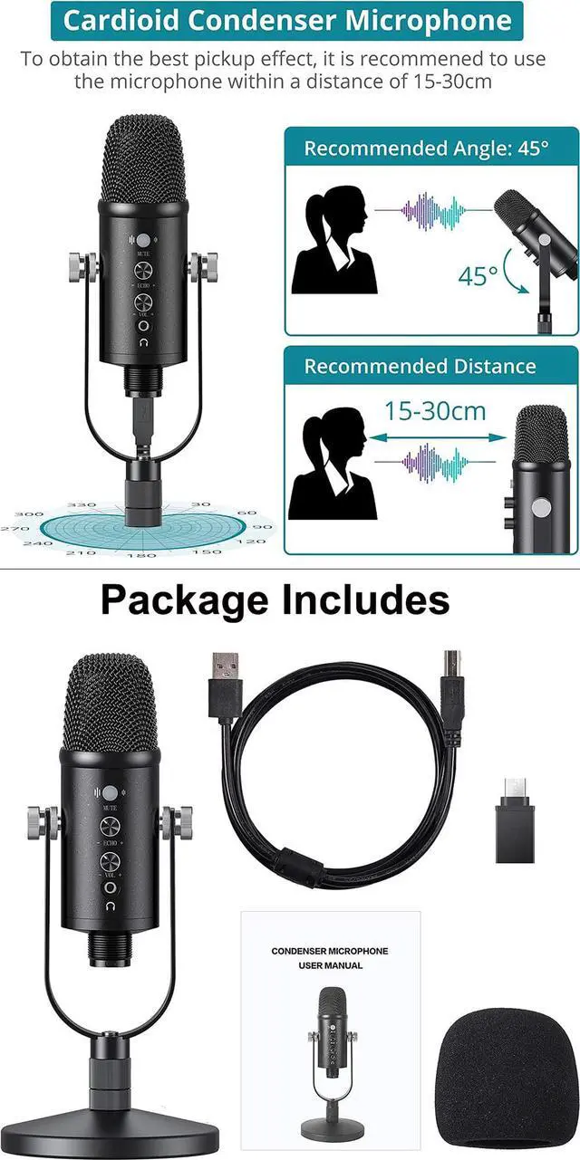 Alt view image 7 of 7 - BONAEVER USB Microphone Cardioid USB Microphone Condenser Microphone PC Gaming Computer Microphone with Round Support for Streaming Podcasting Vocal Recording Compatible with Windows Desktop Laptop
