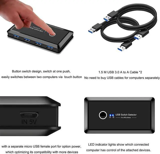Alt view image 6 of 6 - BONAEVER USB Switcher Selector 4 Port 2 Computers USB 2.0 Peripheral Switcher Adapter Hub for PC Printer Scanner Mouse Keyboard with One Button Switch