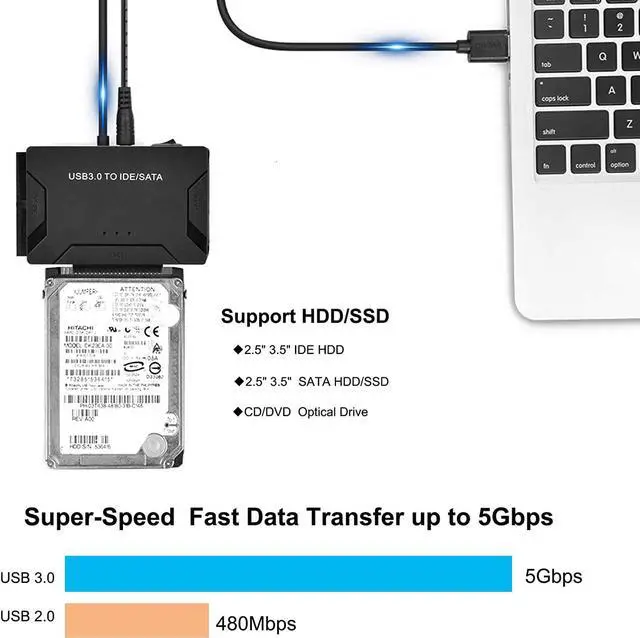 Alt view image 3 of 7 - BONAEVER SATA / IDE to USB 3.0 Adapter Hard Drive Reader for Universal 2.5 3.5-Inch IDE SATA External HDD/SSD with 12V 2A Power Supply Support 6TB
