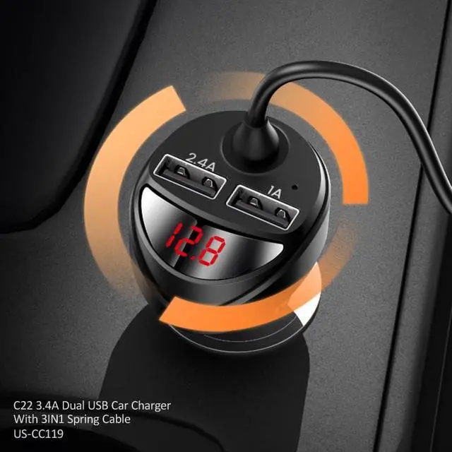 Alt view image 5 of 6 - BONAEVER 3 in 1 3.4A Dual USB Car Charger With Spring Cable Dual USB Fast Charger Type C PD Car Charging