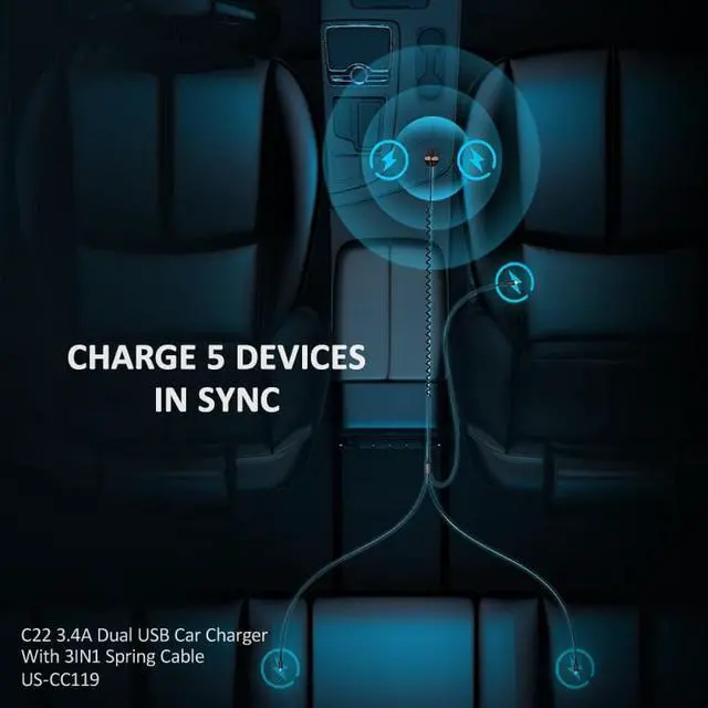 Alt view image 4 of 6 - BONAEVER 3 in 1 3.4A Dual USB Car Charger With Spring Cable Dual USB Fast Charger Type C PD Car Charging
