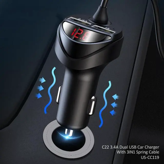 Alt view image 2 of 6 - BONAEVER 3 in 1 3.4A Dual USB Car Charger With Spring Cable Dual USB Fast Charger Type C PD Car Charging