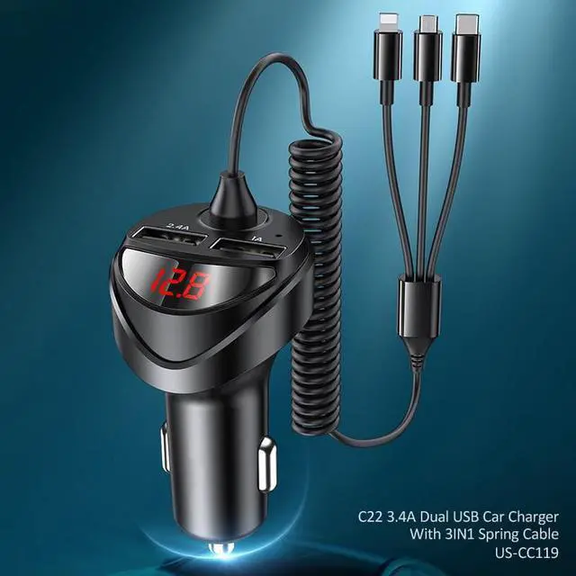 Alt view image 3 of 6 - BONAEVER 3 in 1 3.4A Dual USB Car Charger With Spring Cable Dual USB Fast Charger Type C PD Car Charging