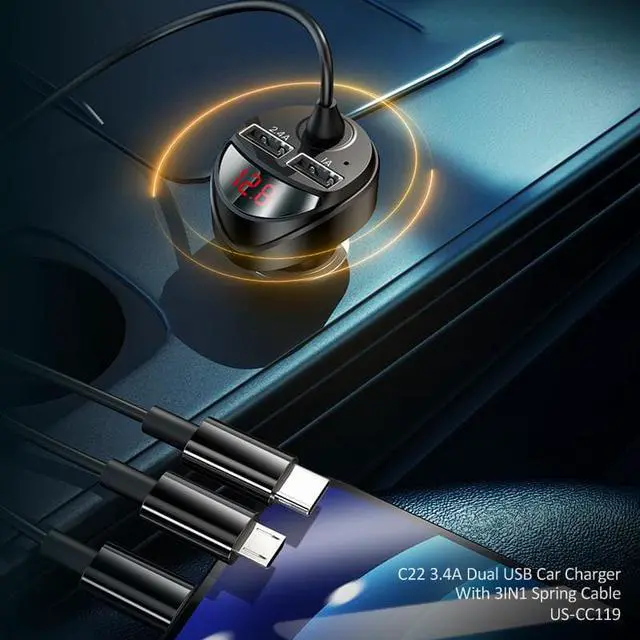 Alt view image 6 of 6 - BONAEVER 3 in 1 3.4A Dual USB Car Charger With Spring Cable Dual USB Fast Charger Type C PD Car Charging
