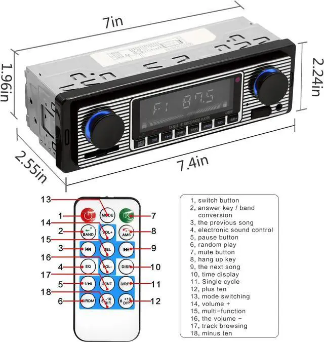 Alt view image 4 of 7 - BONAEVER Bluetooth Vintage Car Standereo MP3 Player Dual Knob Audio Classic Standereos USB/SD/MP3/AUX FM WMA/WAV Radio Receiver H s Free Wireless Remote Control Built-in Microphone