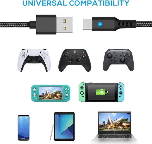 Alt view image 2 of 7 - 10FT Charging Cable for PS5 Controller, for Xbox Series X/S, for Switch Pro Controller and Phone, Fast Charger Cord Nylon Braided Type-C Ports Replacement with LED Indicator, Support Transfer Date