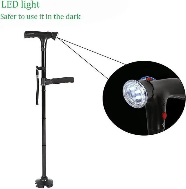 Alt view image 5 of 6 - BONAEVER Folding Cane with LED Light Adjustable Canes Walking Sticks for Seniors Walking Cane Standick for Men Women with Cushion 2 T Handle Pivoting Quad Base for Arthritis Disabled Elderly
