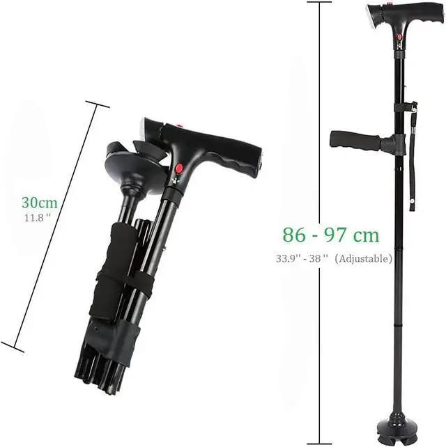 Alt view image 6 of 6 - BONAEVER Folding Cane with LED Light Adjustable Canes Walking Sticks for Seniors Walking Cane Standick for Men Women with Cushion 2 T Handle Pivoting Quad Base for Arthritis Disabled Elderly