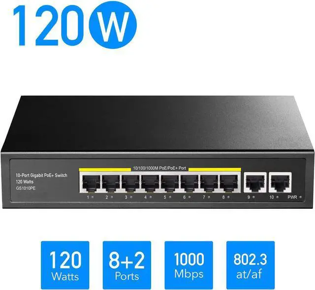 Main image of BONAEVER 8 Port Gigabit PoE Switch 120 Watts PoE Budget 8 10/100/1000Mbps PoE+ Ports 2 Gigabit Uplink Ports 802.3at 802.3af 1/2 (+) 3/6 (-) Fanless Plug Play GS1010PE