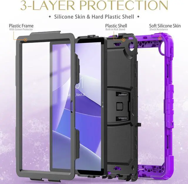 Alt view image 6 of 7 - BONAEVER ShockProof Cover Case for Lenovo Tab M10 Plus 3rd Generation 10.6 inch 2022 Model TB-125FU / TB-128FU / TB-128XU with Stand and & Shoulder Strap & Built-in Screen Protector Purple