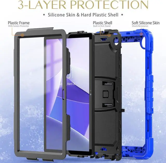 Alt view image 6 of 7 - BONAEVER ShockProof Cover Case for Lenovo Tab M10 Plus 3rd Generation 10.6 inch 2022 Model TB-125FU / TB-128FU / TB-128XU with Stand and & Shoulder Strap & Built-in Screen Protector Blue