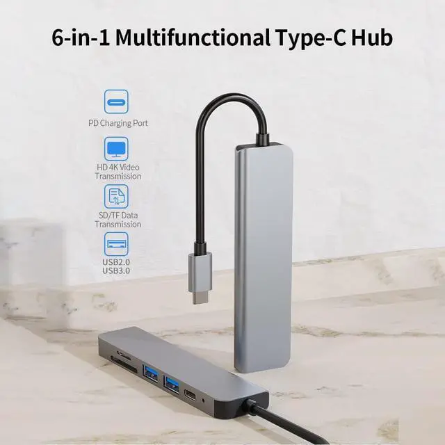 Alt view image 4 of 6 - BONAEVER USB C Hub 6-in-1 USB Docking Station HDMI Adapter 4K PD USB 3.0 Ports TF/SD Card for MacBook/MacBook Pro/MacBook Air/Chromebook/Surface GO/HP Spectre/Dell XPS/Huawei/Matebook/Galaxy