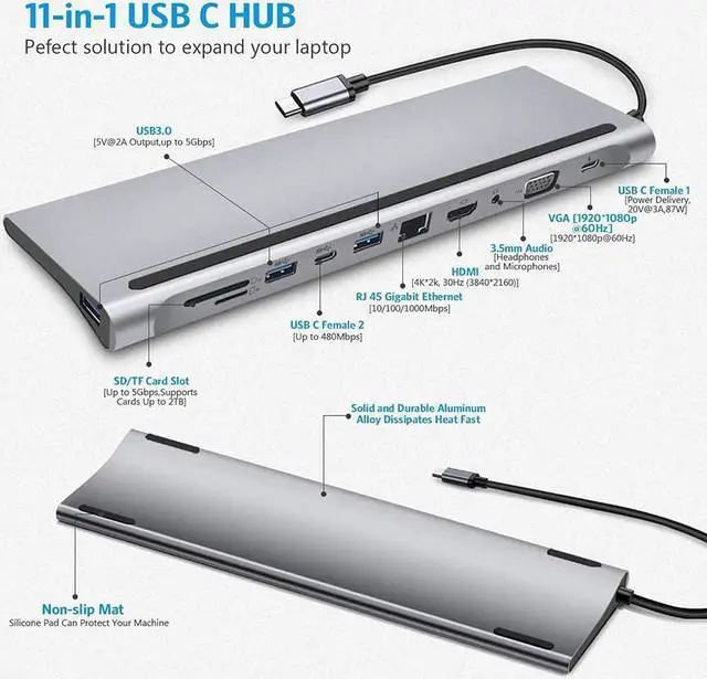 Alt view image 2 of 7 - BONAEVER 11 in 1 Type C Adapter USB Type C to HDMI 3 x USB 3.0 USB C TF-SD Reader VGA RJ45 (LAN) 3.5 Audio PD Laptop Docking Station For for Notebook Macbook HP DELL XPS Surface Lenovo ThinkPad