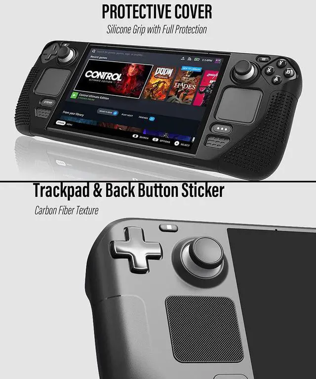 Alt view image 5 of 7 - BONAEVER 7 in 1 Accessories Bundle for Valve Steam Deck 2 Glass Screen Protector 1 Dock Stand 4 Thumb Grip 1 Du Stand Filter Kit 6 Button Skin 1 Protective Cover TPU Clear Case