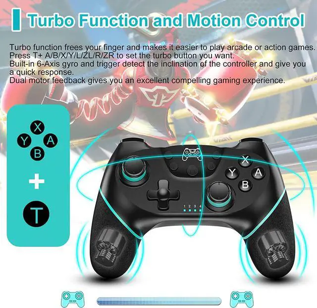 Alt view image 4 of 7 - BONAEVER Switch Controller Wireless Pro Controller Compatible for Nintendo Switch Bluetooth Switch Controller PC Game Controller Supports Gyro Axis Turbo Dual Vibration with Charging Cable Black