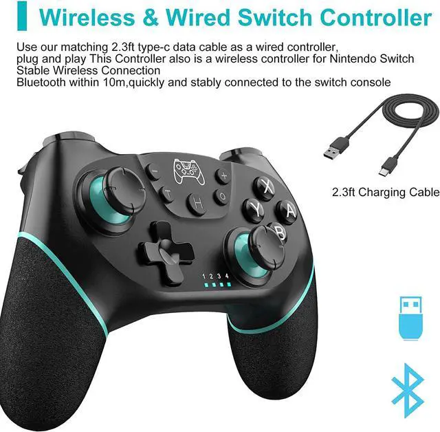 Alt view image 7 of 7 - BONAEVER Switch Controller Wireless Pro Controller Compatible for Nintendo Switch Bluetooth Switch Controller PC Game Controller Supports Gyro Axis Turbo Dual Vibration with Charging Cable Black
