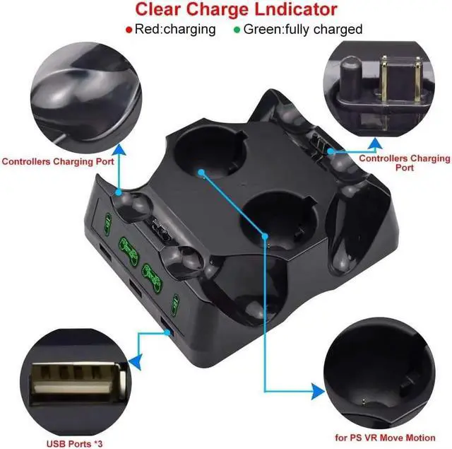 Alt view image 3 of 7 - BONAEVER PS4 Controller Charger Station 4 in 1 PS Motion Move Charging Station Fast Charging Dock Station Wireless Multi Controller For PS4 VR Playstation 4 PS4 Slim PS4 Pro with LED Indicator