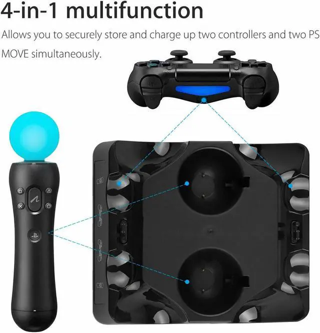 Alt view image 2 of 7 - BONAEVER PS4 Controller Charger Station 4 in 1 PS Motion Move Charging Station Fast Charging Dock Station Wireless Multi Controller For PS4 VR Playstation 4 PS4 Slim PS4 Pro with LED Indicator