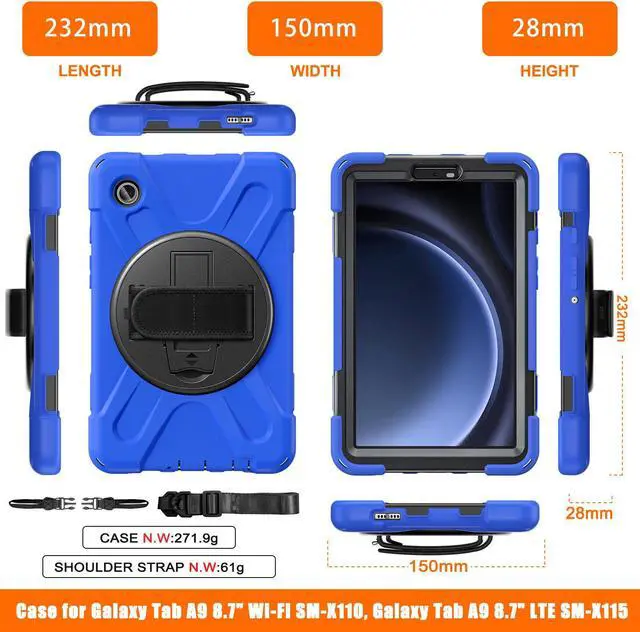 Alt view image 5 of 7 - BONAEVER Shockproof Case for Samsung Galaxy Tab A9 Case 8.7 Inch 2023 SM-X110/SM-X115/SM-117 with Pen Holder & 360 Rotating Hand Strap/Shoulder Strap Stand and Protective Cover Blue