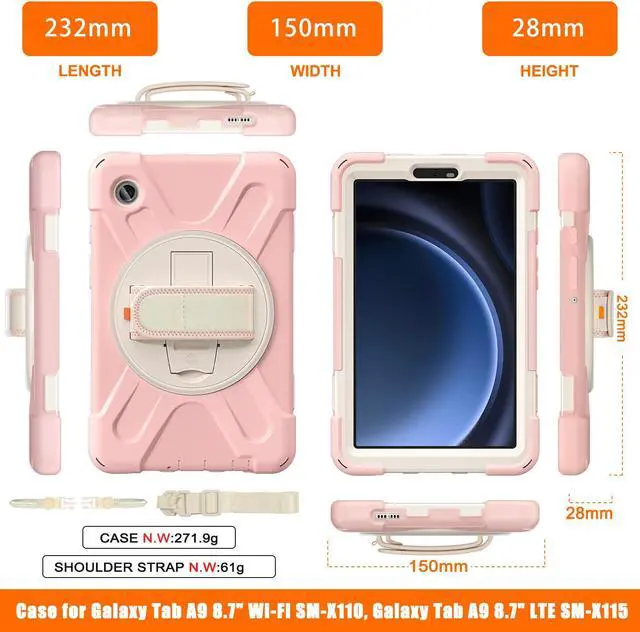 Alt view image 4 of 7 - BONAEVER Shockproof Case for Samsung Galaxy Tab A9 Case 8.7 Inch 2023 SM-X110/SM-X115/SM-117 with Pen Holder & 360 Rotating Hand Strap/Shoulder Strap Stand and Protective Cover Pink