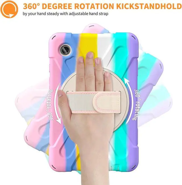 Alt view image 2 of 7 - BONAEVER Shockproof Case for Samsung Galaxy Tab A9 Case 8.7 Inch 2023 SM-X110/SM-X115/SM-117 with Pen Holder & 360 Rotating Hand Strap/Shoulder Strap Stand and Protective Cover Pink/White