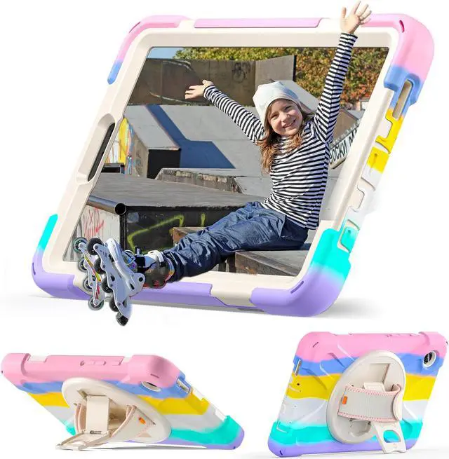 Alt view image 3 of 7 - BONAEVER Shockproof Case for Samsung Galaxy Tab A9 Case 8.7 Inch 2023 SM-X110/SM-X115/SM-117 with Pen Holder & 360 Rotating Hand Strap/Shoulder Strap Stand and Protective Cover Pink/White