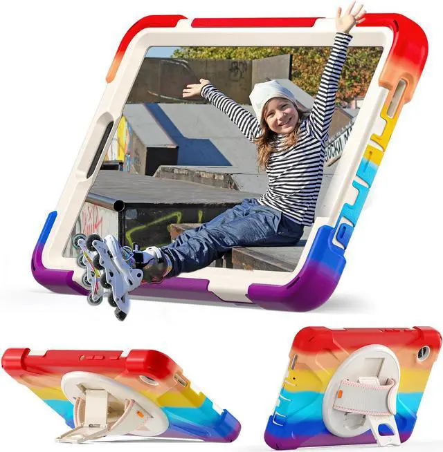 Alt view image 3 of 7 - BONAEVER Shockproof Case for Samsung Galaxy Tab A9 Case 8.7 Inch 2023 SM-X110/SM-X115 / SM-117 with Pen Holder & 360 Rotating Hand Strap/Shoulder Strap Stand and Protective Cover Rainbow Red