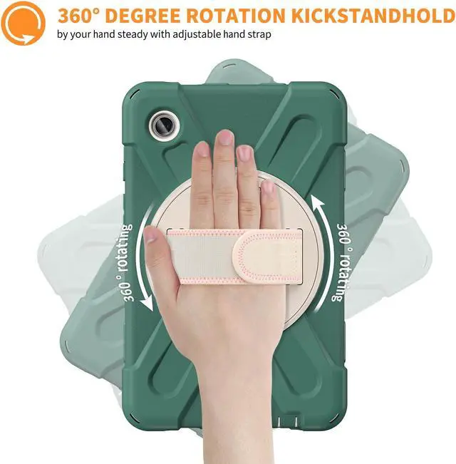 Alt view image 2 of 7 - BONAEVER Shockproof Case for Samsung Galaxy Tab A9 Case 8.7 Inch 2023 SM-X110/SM-X115/SM-117 with Pen Holder & 360 Rotating Hand Strap/Shoulder Strap Stand and Protective Cover Dark Green