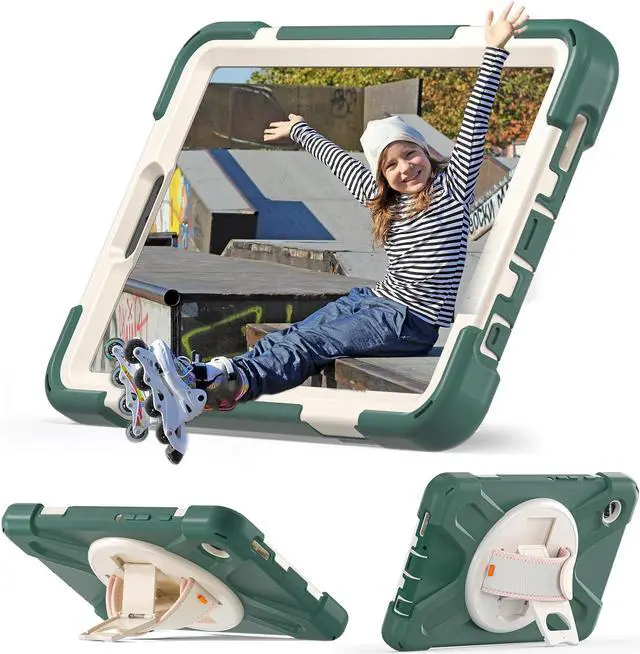 Alt view image 3 of 7 - BONAEVER Shockproof Case for Samsung Galaxy Tab A9 Case 8.7 Inch 2023 SM-X110/SM-X115/SM-117 with Pen Holder & 360 Rotating Hand Strap/Shoulder Strap Stand and Protective Cover Dark Green