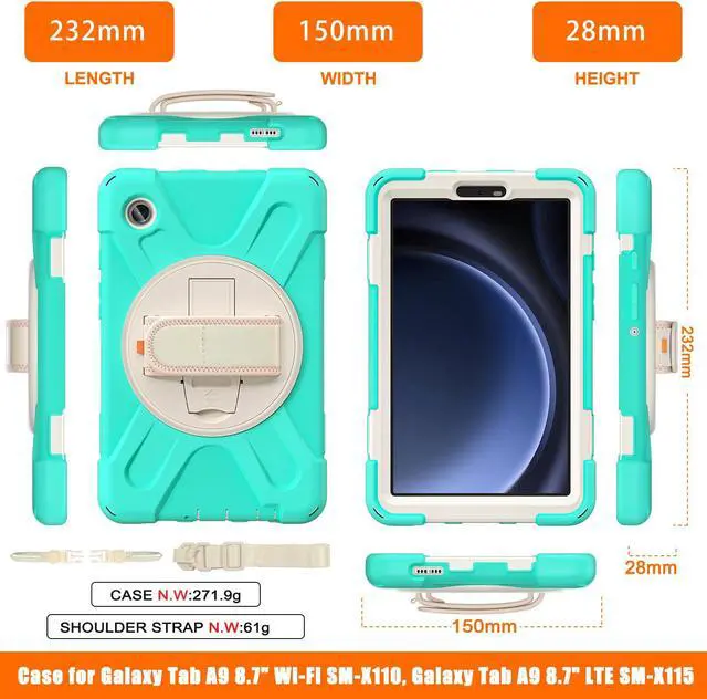 Alt view image 4 of 7 - BONAEVER Shockproof Case for Samsung Galaxy Tab A9 Case 8.7 Inch 2023 SM-X110/SM-X115/SM-117 with Pen Holder & 360 Rotating Hand Strap/Shoulder Strap Stand and Protective Cover Mint Green
