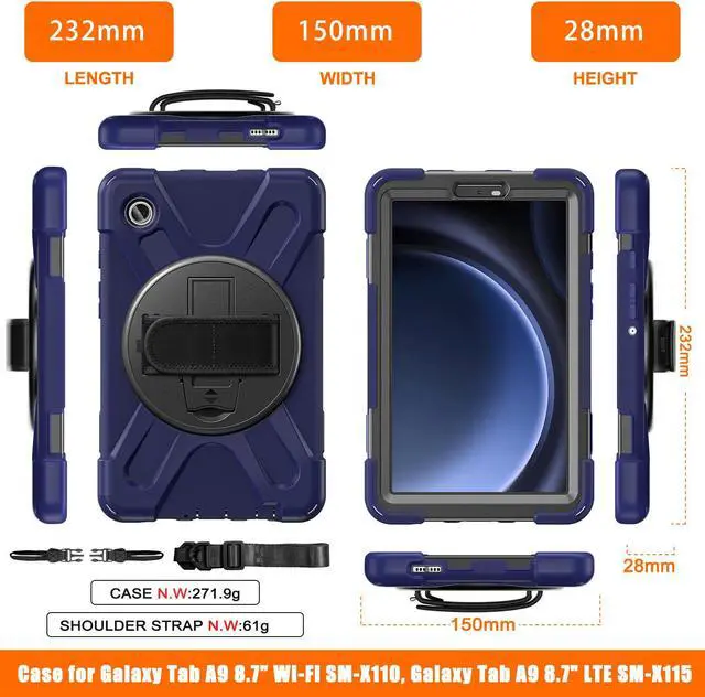 Alt view image 5 of 7 - BONAEVER Shockproof Case for Samsung Galaxy Tab A9 Case 8.7 Inch 2023 SM-X110/SM-X115/SM-117 with Pen Holder & 360 Rotating Hand Strap/Shoulder Strap Stand and Protective Cover Navy Blue