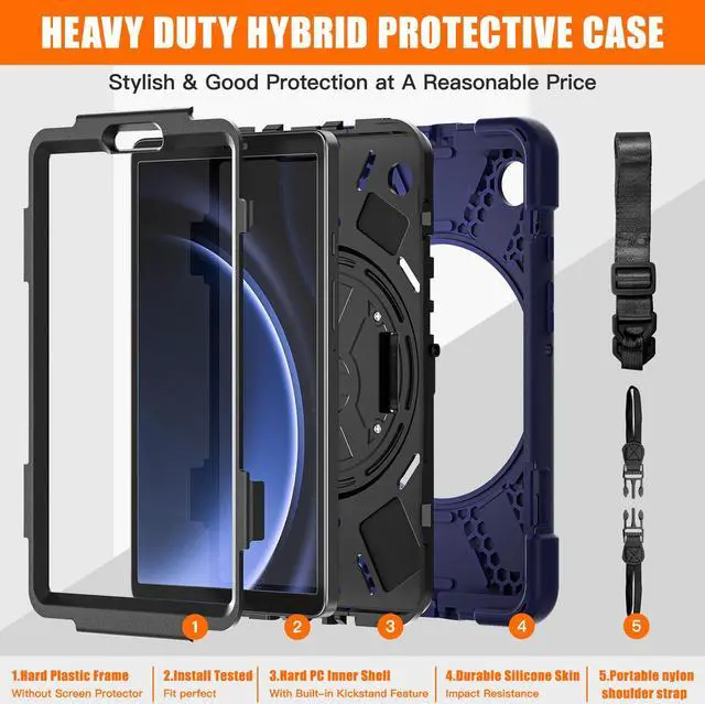 Alt view image 6 of 7 - BONAEVER Shockproof Case for Samsung Galaxy Tab A9 Case 8.7 Inch 2023 SM-X110/SM-X115/SM-117 with Pen Holder & 360 Rotating Hand Strap/Shoulder Strap Stand and Protective Cover Navy Blue