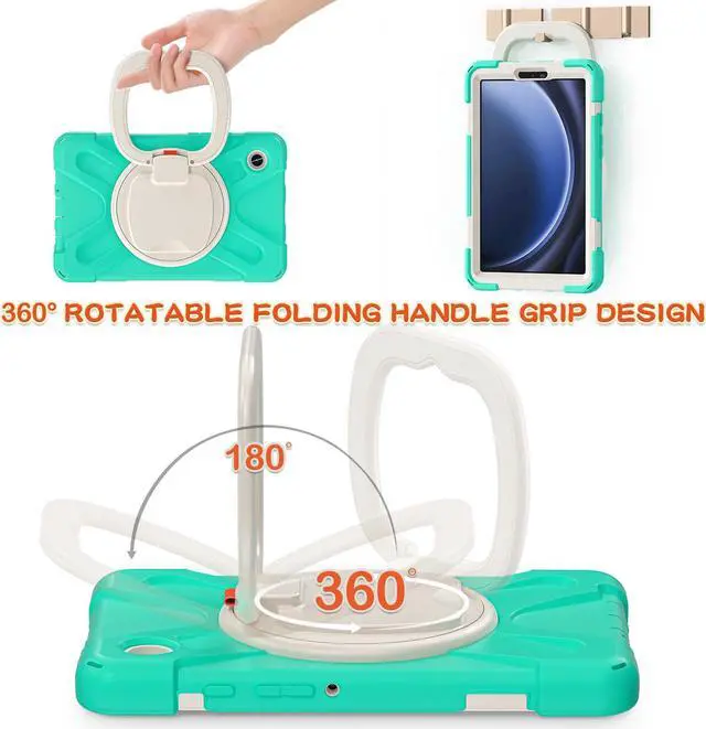 Alt view image 4 of 7 - BONAEVER Case for Samsung Galaxy Tab A9 8.7 Inch 2023 SM-X110/SM-X115/SM-117 Rugged Military Grade Shockproof Cover with Rotatable Stand and Strap Shoulder Strap Pencil Holder Mint Green