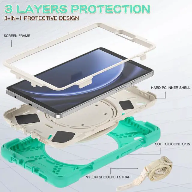 Alt view image 7 of 7 - BONAEVER Case for Samsung Galaxy Tab A9 8.7 Inch 2023 SM-X110/SM-X115/SM-117 Rugged Military Grade Shockproof Cover with Rotatable Stand and Strap Shoulder Strap Pencil Holder Mint Green