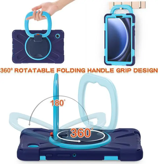 Alt view image 3 of 7 - BONAEVER Case for Samsung Galaxy Tab A9 8.7 Inch 2023 SM-X110/SM-X115/SM-117 Rugged Military Grade Shockproof Cover with Rotatable Stand and Strap Shoulder Strap Pencil Holder Navy Blue