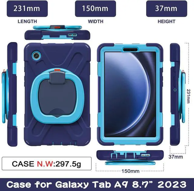 Alt view image 7 of 7 - BONAEVER Case for Samsung Galaxy Tab A9 8.7 Inch 2023 SM-X110/SM-X115/SM-117 Rugged Military Grade Shockproof Cover with Rotatable Stand and Strap Shoulder Strap Pencil Holder Navy Blue