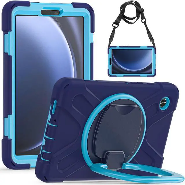 Main image of BONAEVER Case for Samsung Galaxy Tab A9 8.7 Inch 2023 SM-X110/SM-X115/SM-117 Rugged Military Grade Shockproof Cover with Rotatable Stand and Strap Shoulder Strap Pencil Holder Navy Blue