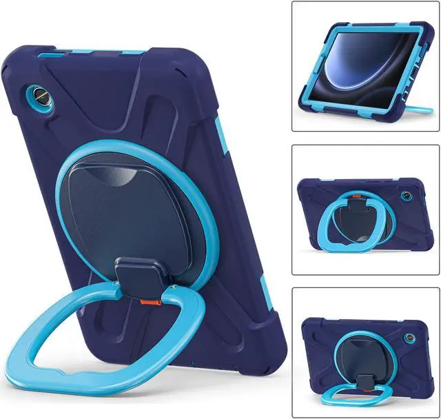 Alt view image 2 of 7 - BONAEVER Case for Samsung Galaxy Tab A9 8.7 Inch 2023 SM-X110/SM-X115/SM-117 Rugged Military Grade Shockproof Cover with Rotatable Stand and Strap Shoulder Strap Pencil Holder Navy Blue