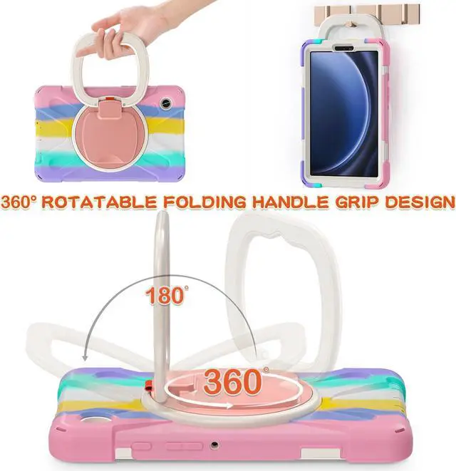Alt view image 3 of 7 - BONAEVER Case for Samsung Galaxy Tab A9 8.7 Inch 2023 SM-X110/SM-X115/SM-117 Rugged Military Grade Shockproof Cover with Rotatable Stand and Strap Shoulder Strap Pencil Holder Pink